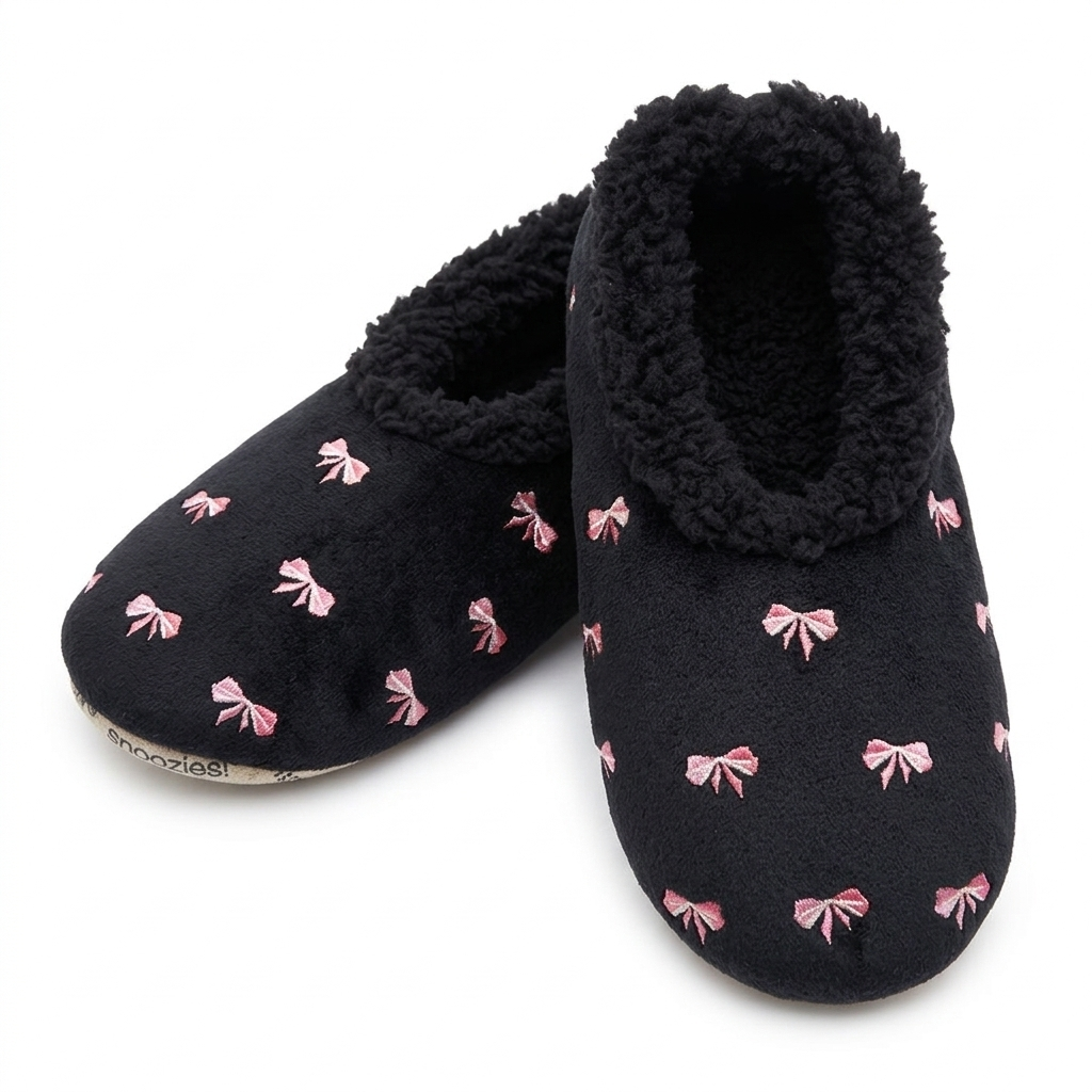 Snoozies Womens Fleece Slippers Bow-Tiful Black