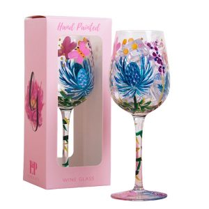 Wine Glass Hand Painted Thistles & Butterflies