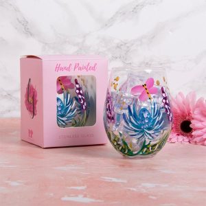 Stemless Glass Hand Painted Thistles & Butterflies